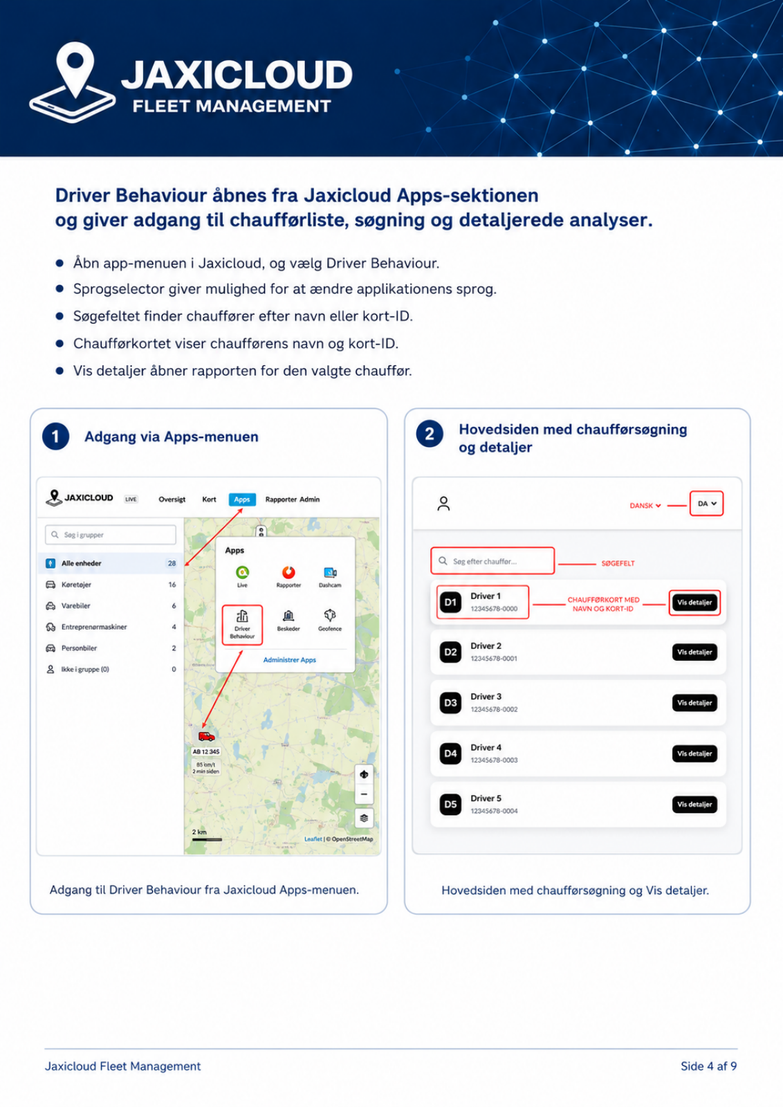 Chaufførsøgning og adgang via Apps – manualens side 4